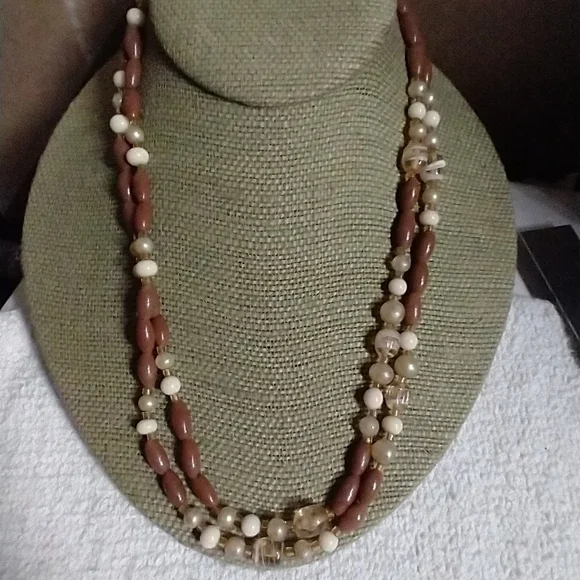 Brown white bead necklace long - Picture 1 of 2